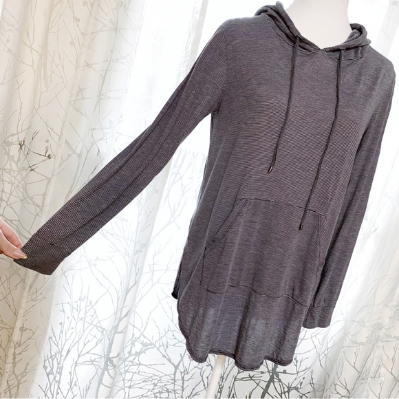 Haute Hippie gray black stripe long sleeve hoodie front pocket shirt sweatshirt - Picture 2 of 11